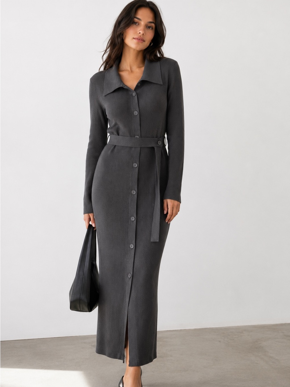 Pixie Market Ribbed Stretch Knit Belted Midi Shirt Dress Column Sz Large